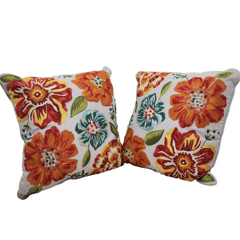 Pier 1 Throw Pillow 2pc Set Gray Floral Embroidery 17” x 17” Zipper Crewel Boho